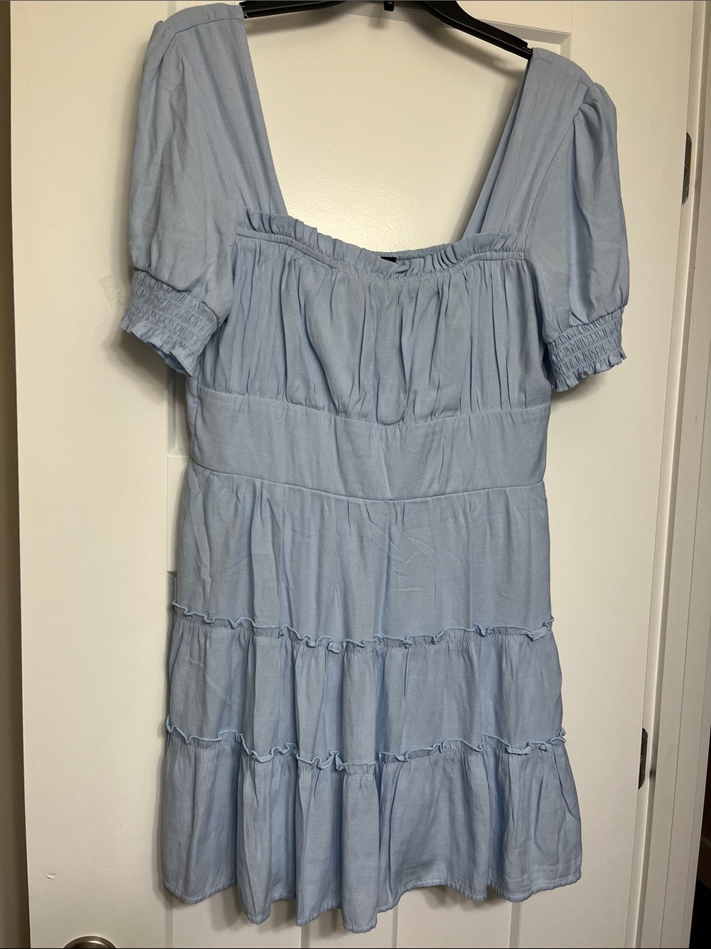 Trixxi Light Blue Tiered Puff Sleeve Mini Dress
